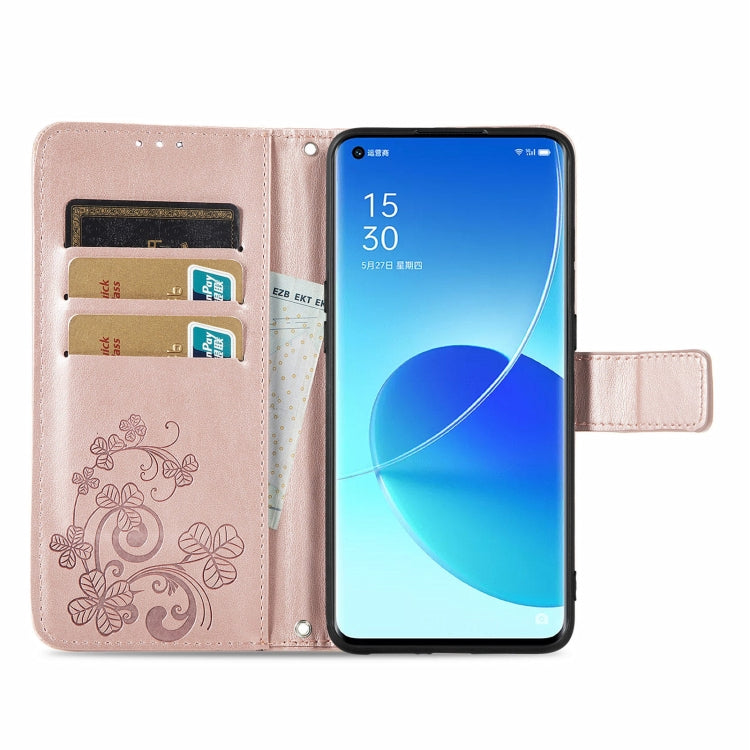For OPPO Reno6 Pro+ Four-leaf Clasp Embossed Buckle Mobile Phone Protection Leather Case with Lanyard & Card Slot & Wallet & Bracket Function