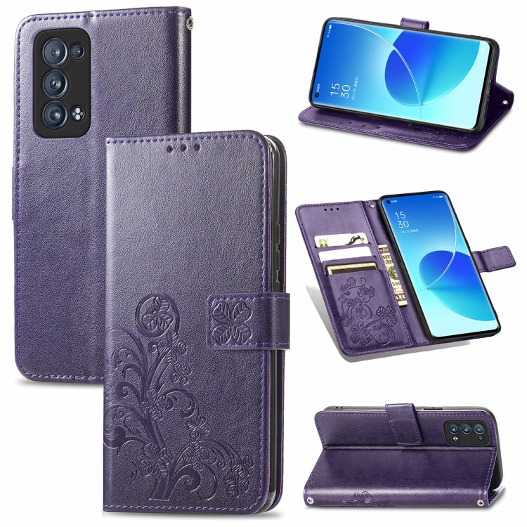 For OPPO Reno6 Pro+ Four-leaf Clasp Embossed Buckle Mobile Phone Protection Leather Case with Lanyard & Card Slot & Wallet & Bracket Function