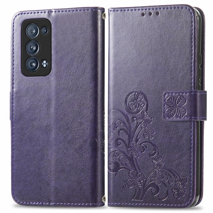 For OPPO Reno6 Pro+ Four-leaf Clasp Embossed Buckle Mobile Phone Protection Leather Case with Lanyard & Card Slot & Wallet & Bracket Function