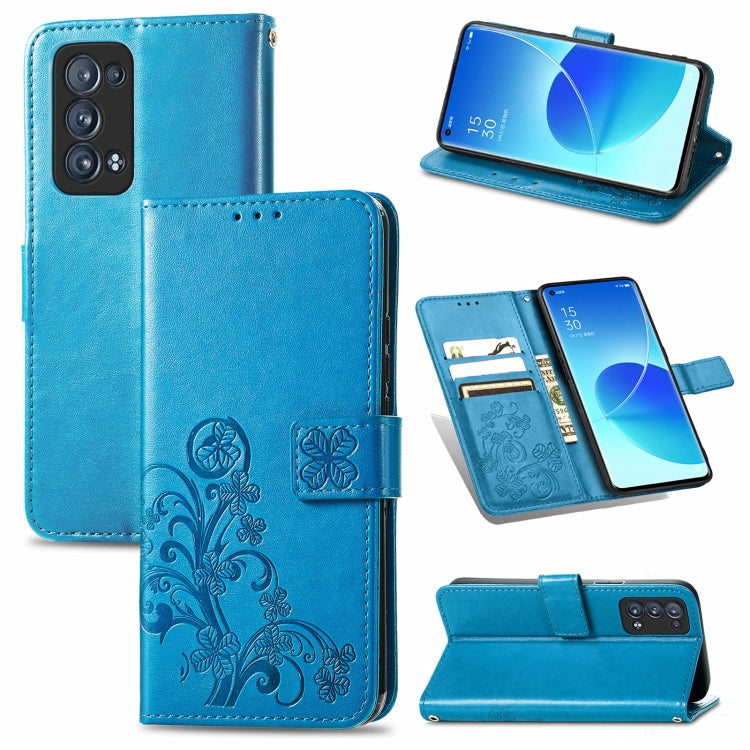 For OPPO Reno6 Pro+ Four-leaf Clasp Embossed Buckle Mobile Phone Protection Leather Case with Lanyard & Card Slot & Wallet & Bracket Function