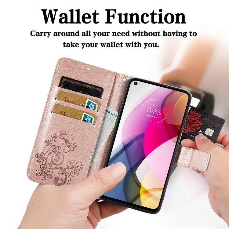 For Motorola Moto G Stylus 2021 Four-leaf Clasp Embossed Buckle Mobile Phone Protection Leather Case with Lanyard & Card Slot & Wallet & Bracket Function