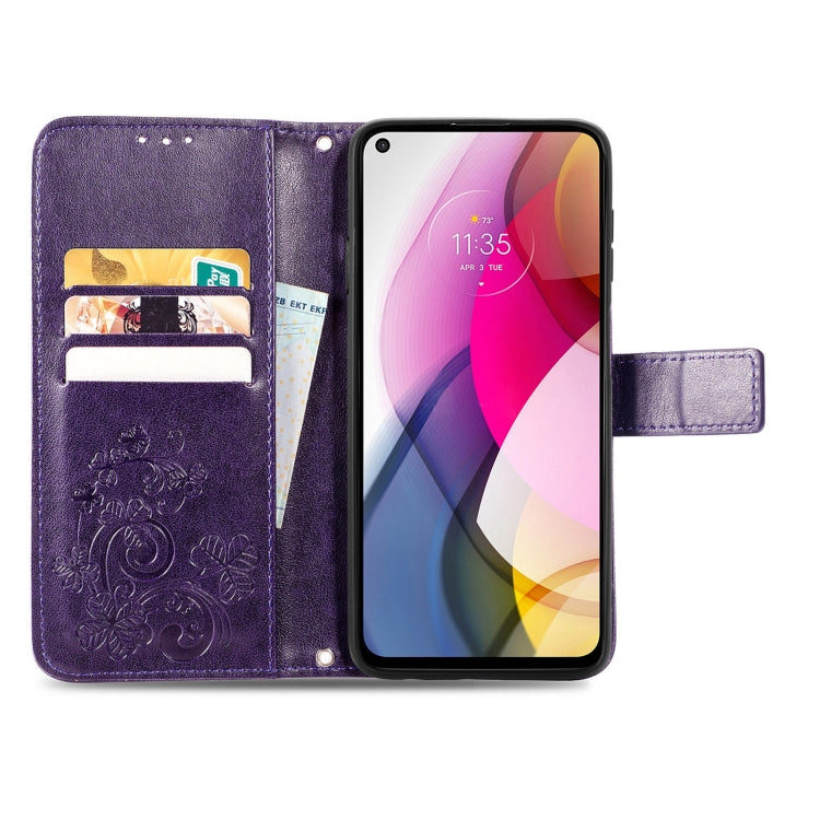 For Motorola Moto G Stylus 2021 Four-leaf Clasp Embossed Buckle Mobile Phone Protection Leather Case with Lanyard & Card Slot & Wallet & Bracket Function