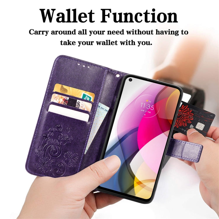 For Motorola Moto G Stylus 2021 Four-leaf Clasp Embossed Buckle Mobile Phone Protection Leather Case with Lanyard & Card Slot & Wallet & Bracket Function