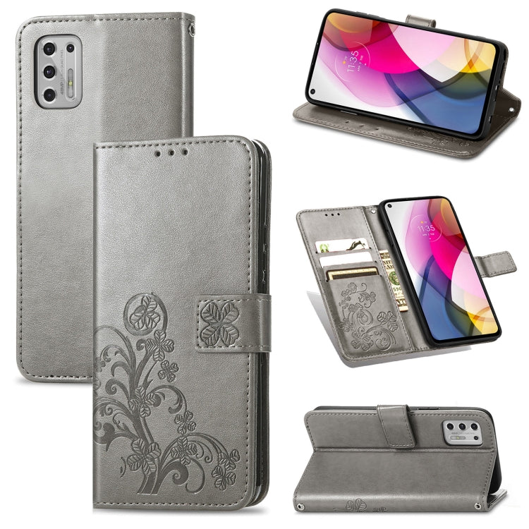 For Motorola Moto G Stylus 2021 Four-leaf Clasp Embossed Buckle Mobile Phone Protection Leather Case with Lanyard & Card Slot & Wallet & Bracket Function