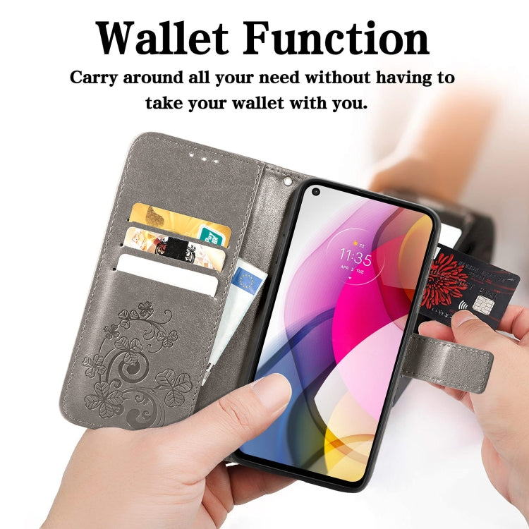 For Motorola Moto G Stylus 2021 Four-leaf Clasp Embossed Buckle Mobile Phone Protection Leather Case with Lanyard & Card Slot & Wallet & Bracket Function