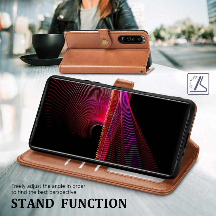 For Sony Xperia 1 III Solid Color Leather Buckle Phone Case with Lanyard & Photo Frame & Card Slot & Wallet & Stand Function
