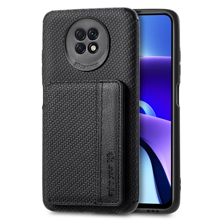For Xiaomi Redmi Note 9 5G Carbon Fiber Magnetic Card Bag TPU+PU Shockproof Back Cover Case with Holder & Card Slot & Photo Frame