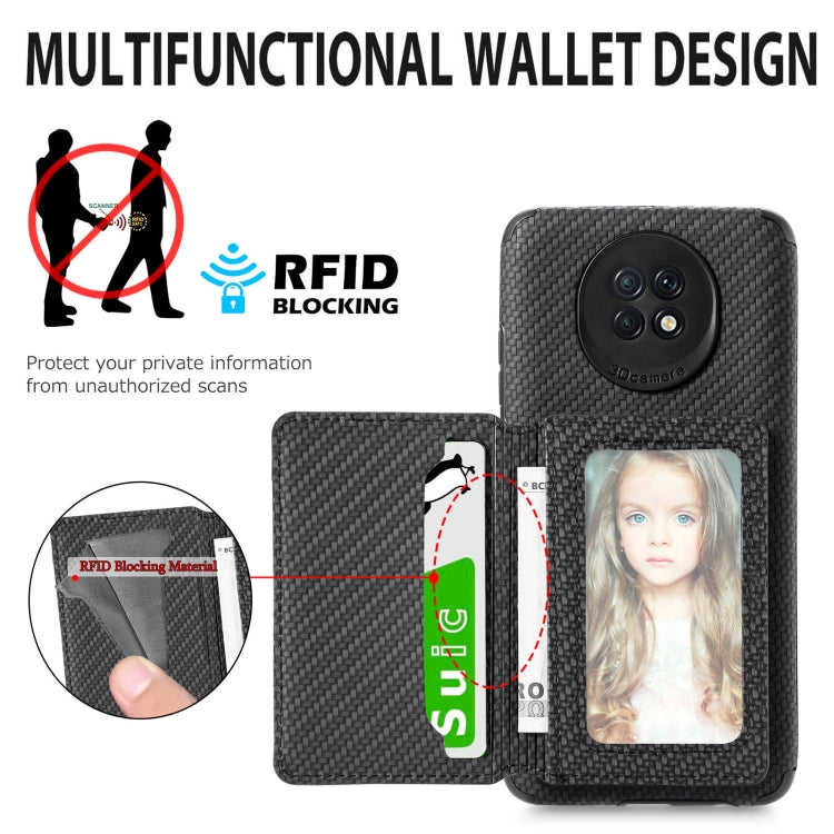 For Xiaomi Redmi Note 9 5G Carbon Fiber Magnetic Card Bag TPU+PU Shockproof Back Cover Case with Holder & Card Slot & Photo Frame