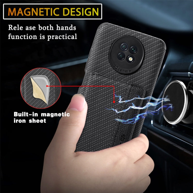 For Xiaomi Redmi Note 9 5G Carbon Fiber Magnetic Card Bag TPU+PU Shockproof Back Cover Case with Holder & Card Slot & Photo Frame