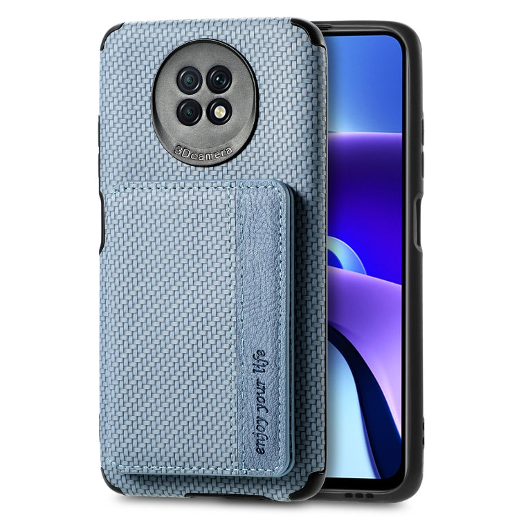 For Xiaomi Redmi Note 9 5G Carbon Fiber Magnetic Card Bag TPU+PU Shockproof Back Cover Case with Holder & Card Slot & Photo Frame
