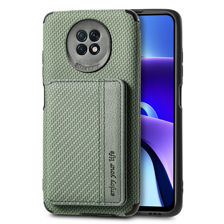 For Xiaomi Redmi Note 9 5G Carbon Fiber Magnetic Card Bag TPU+PU Shockproof Back Cover Case with Holder & Card Slot & Photo Frame