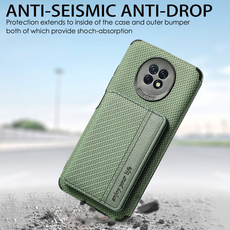 For Xiaomi Redmi Note 9 5G Carbon Fiber Magnetic Card Bag TPU+PU Shockproof Back Cover Case with Holder & Card Slot & Photo Frame