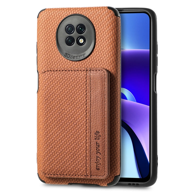 For Xiaomi Redmi Note 9 5G Carbon Fiber Magnetic Card Bag TPU+PU Shockproof Back Cover Case with Holder & Card Slot & Photo Frame