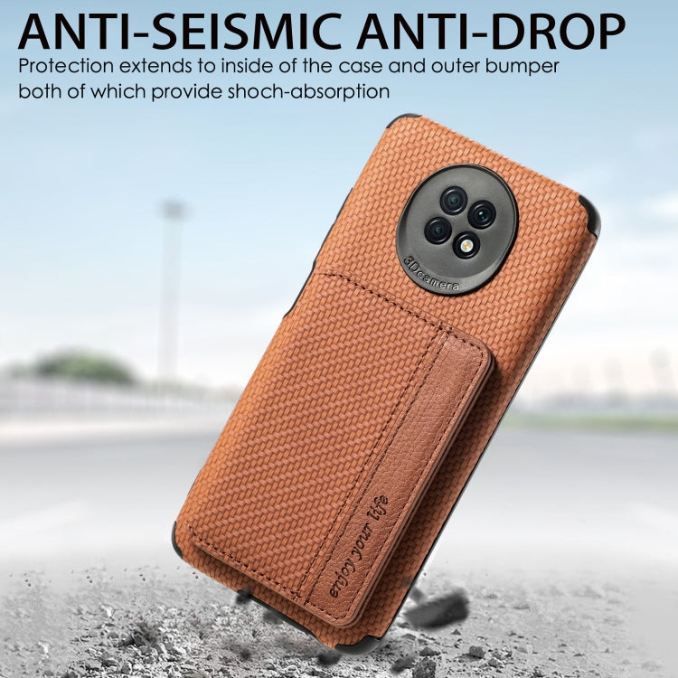 For Xiaomi Redmi Note 9 5G Carbon Fiber Magnetic Card Bag TPU+PU Shockproof Back Cover Case with Holder & Card Slot & Photo Frame