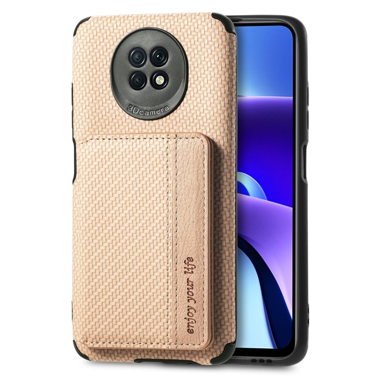 For Xiaomi Redmi Note 9 5G Carbon Fiber Magnetic Card Bag TPU+PU Shockproof Back Cover Case with Holder & Card Slot & Photo Frame