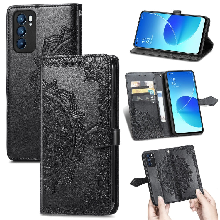 For OPPO Reno6 5G Mandala Flower Embossed Horizontal Flip Leather Case with Holder & Three Card Slots & Wallet & Lanyard