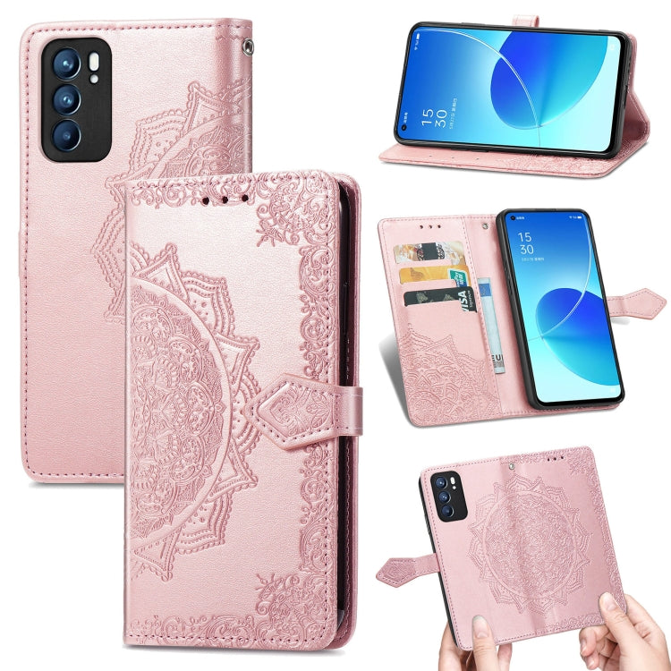 For OPPO Reno6 5G Mandala Flower Embossed Horizontal Flip Leather Case with Holder & Three Card Slots & Wallet & Lanyard