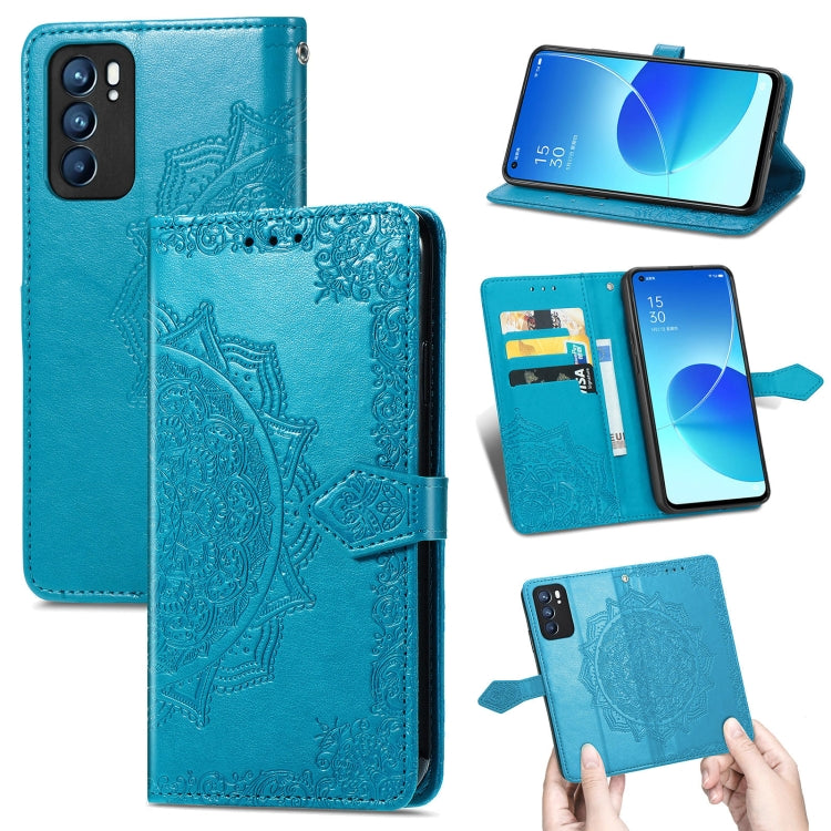 For OPPO Reno6 5G Mandala Flower Embossed Horizontal Flip Leather Case with Holder & Three Card Slots & Wallet & Lanyard