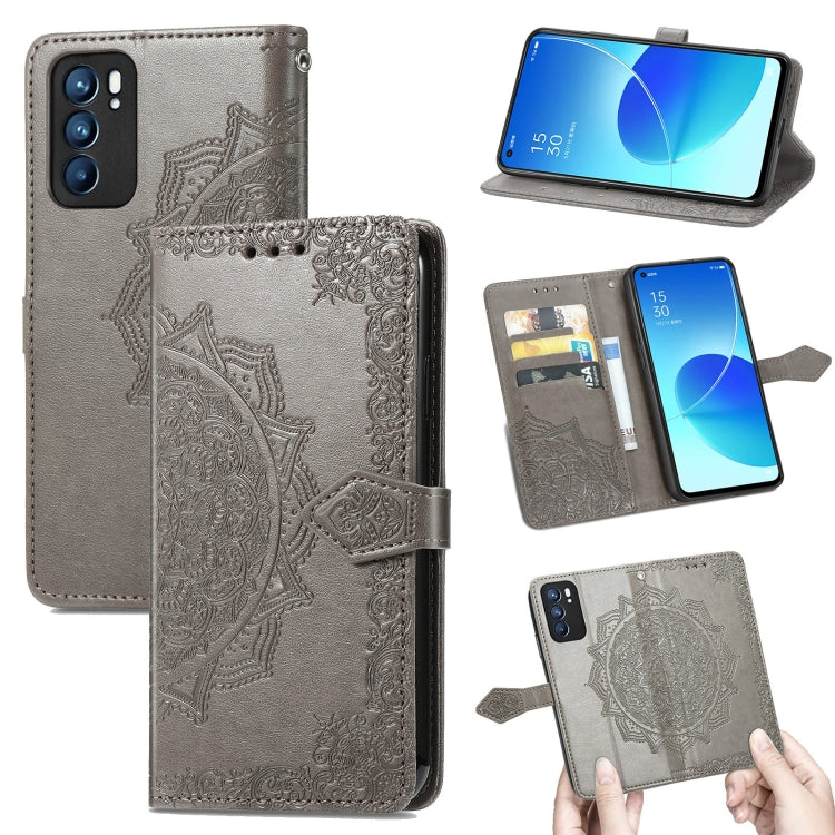 For OPPO Reno6 5G Mandala Flower Embossed Horizontal Flip Leather Case with Holder & Three Card Slots & Wallet & Lanyard