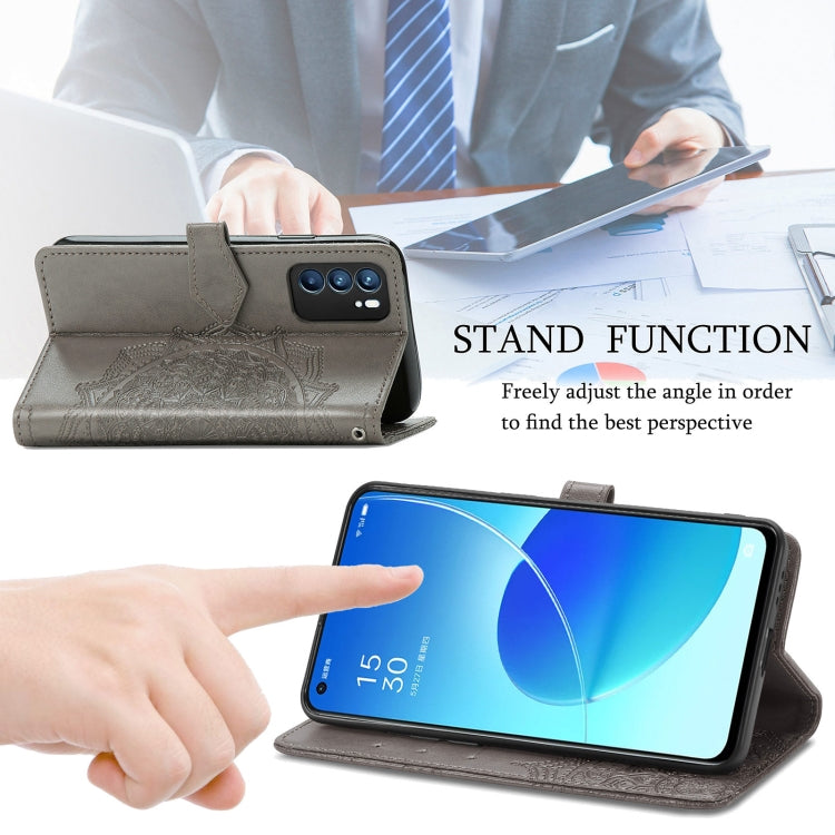 For OPPO Reno6 5G Mandala Flower Embossed Horizontal Flip Leather Case with Holder & Three Card Slots & Wallet & Lanyard