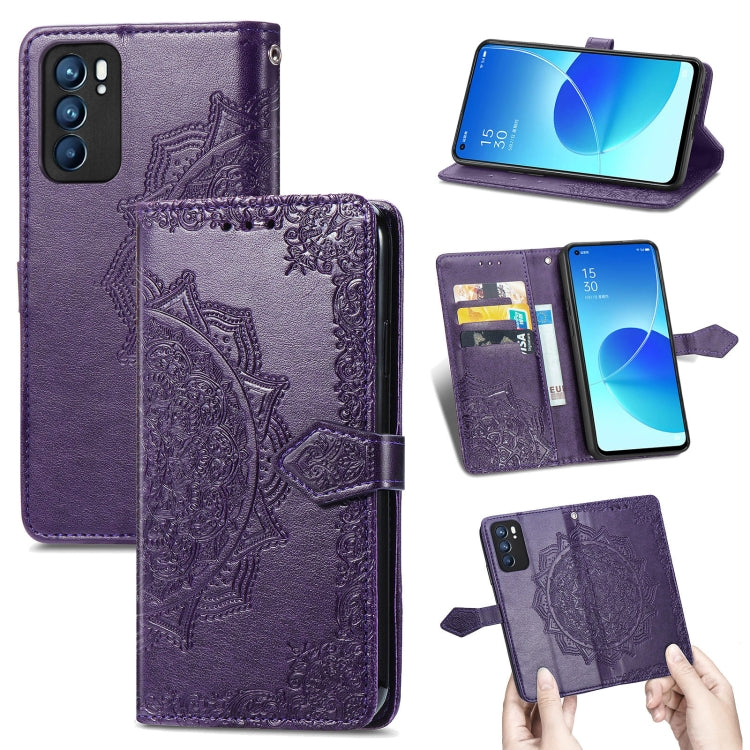 For OPPO Reno6 5G Mandala Flower Embossed Horizontal Flip Leather Case with Holder & Three Card Slots & Wallet & Lanyard