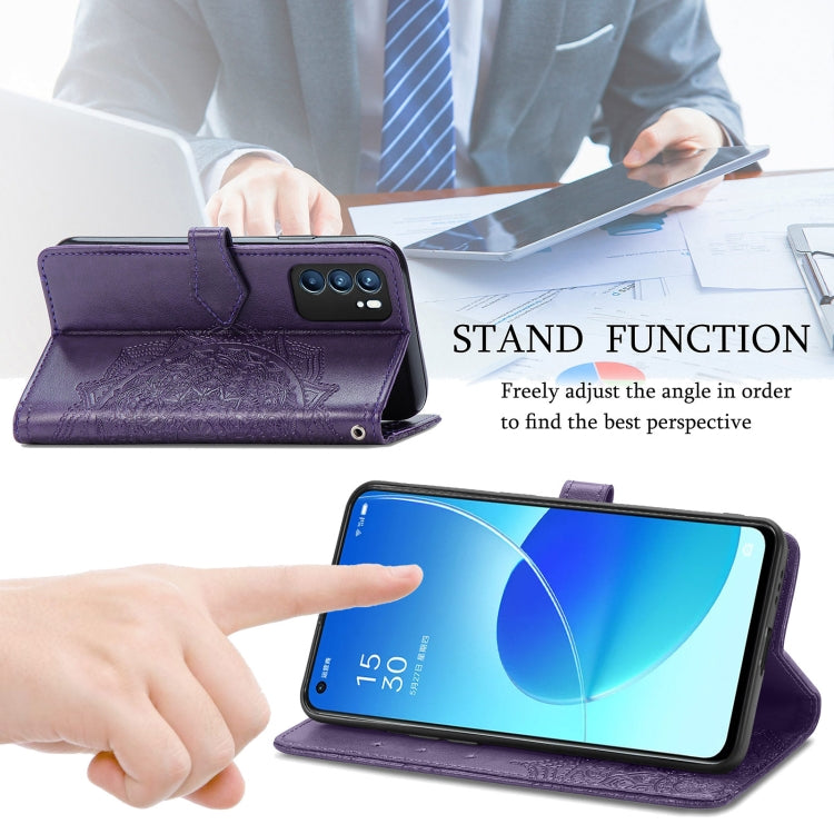 For OPPO Reno6 5G Mandala Flower Embossed Horizontal Flip Leather Case with Holder & Three Card Slots & Wallet & Lanyard