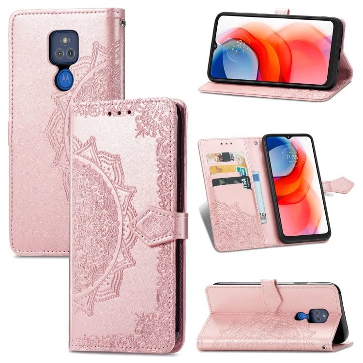 For Motorola Moto G Play 2021 Mandala Flower Embossed Horizontal Flip Leather Case with Holder & Three Card Slots & Wallet & Lanyard