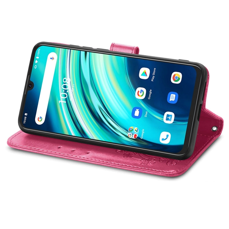 For UMIDIGI A9 Pro Four-leaf Clasp Embossed Buckle Mobile Phone Protection Leather Case with Lanyard & Card Slot & Wallet & Bracket Function