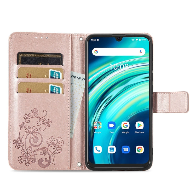 For UMIDIGI A9 Pro Four-leaf Clasp Embossed Buckle Mobile Phone Protection Leather Case with Lanyard & Card Slot & Wallet & Bracket Function