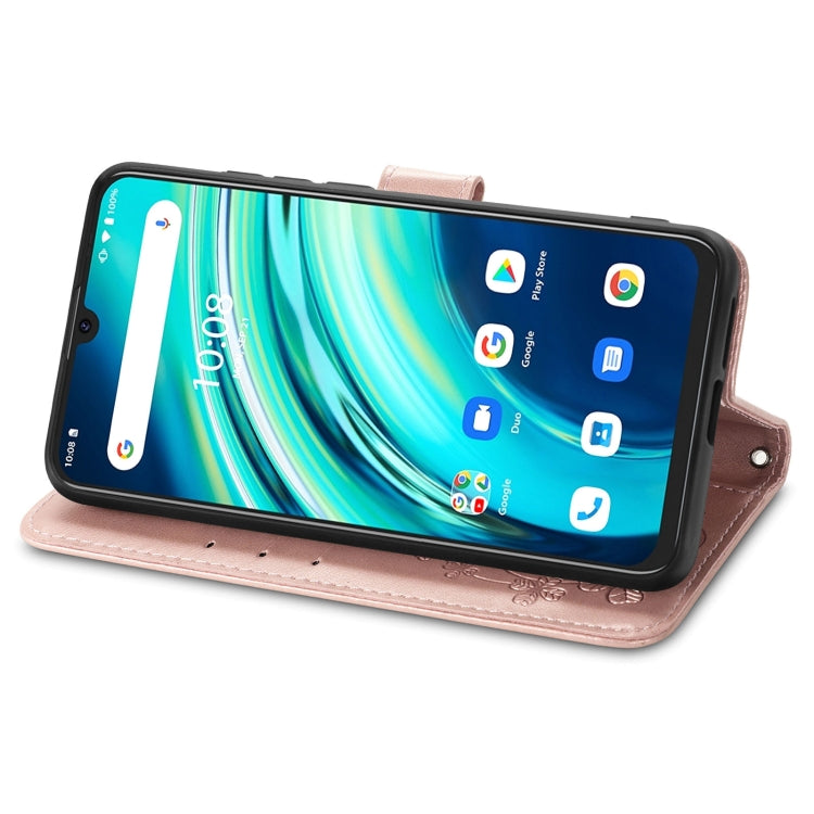 For UMIDIGI A9 Pro Four-leaf Clasp Embossed Buckle Mobile Phone Protection Leather Case with Lanyard & Card Slot & Wallet & Bracket Function