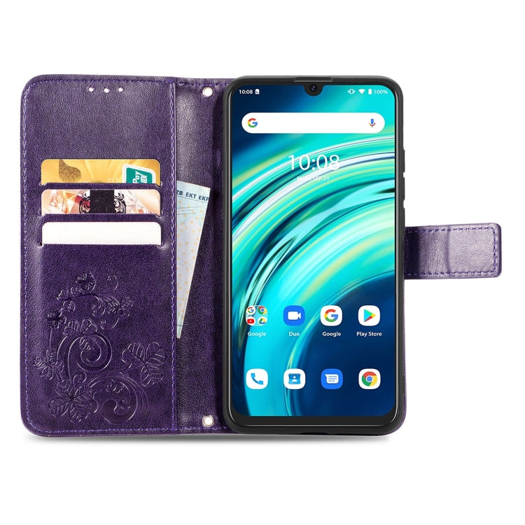For UMIDIGI A9 Pro Four-leaf Clasp Embossed Buckle Mobile Phone Protection Leather Case with Lanyard & Card Slot & Wallet & Bracket Function