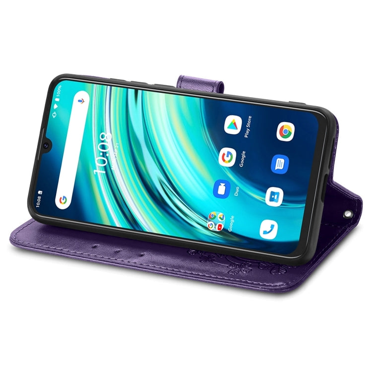 For UMIDIGI A9 Pro Four-leaf Clasp Embossed Buckle Mobile Phone Protection Leather Case with Lanyard & Card Slot & Wallet & Bracket Function