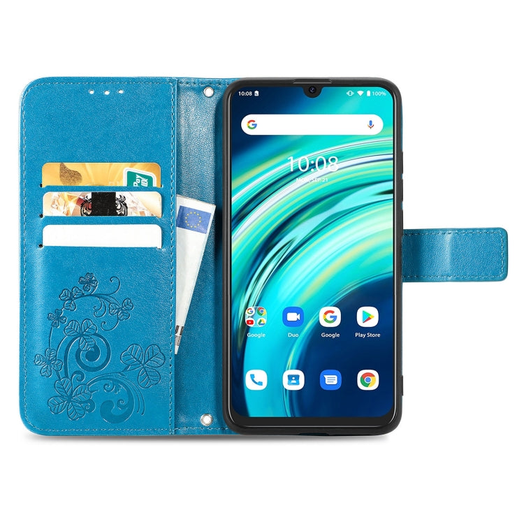 For UMIDIGI A9 Pro Four-leaf Clasp Embossed Buckle Mobile Phone Protection Leather Case with Lanyard & Card Slot & Wallet & Bracket Function