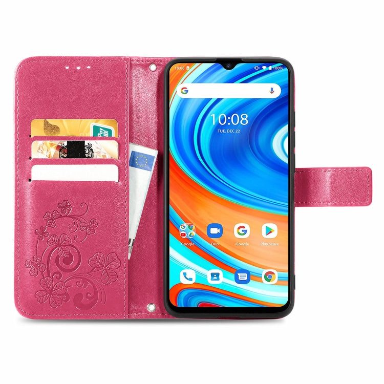 For UMIDIGI A9 Four-leaf Clasp Embossed Buckle Mobile Phone Protection Leather Case with Lanyard & Card Slot & Wallet & Bracket Function
