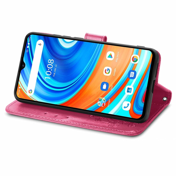 For UMIDIGI A9 Four-leaf Clasp Embossed Buckle Mobile Phone Protection Leather Case with Lanyard & Card Slot & Wallet & Bracket Function