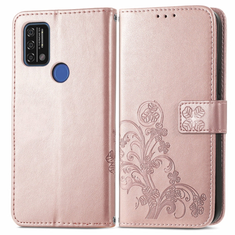 For UMIDIGI A9 Four-leaf Clasp Embossed Buckle Mobile Phone Protection Leather Case with Lanyard & Card Slot & Wallet & Bracket Function