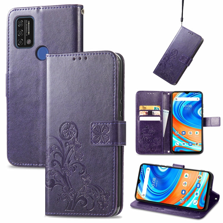 For UMIDIGI A9 Four-leaf Clasp Embossed Buckle Mobile Phone Protection Leather Case with Lanyard & Card Slot & Wallet & Bracket Function