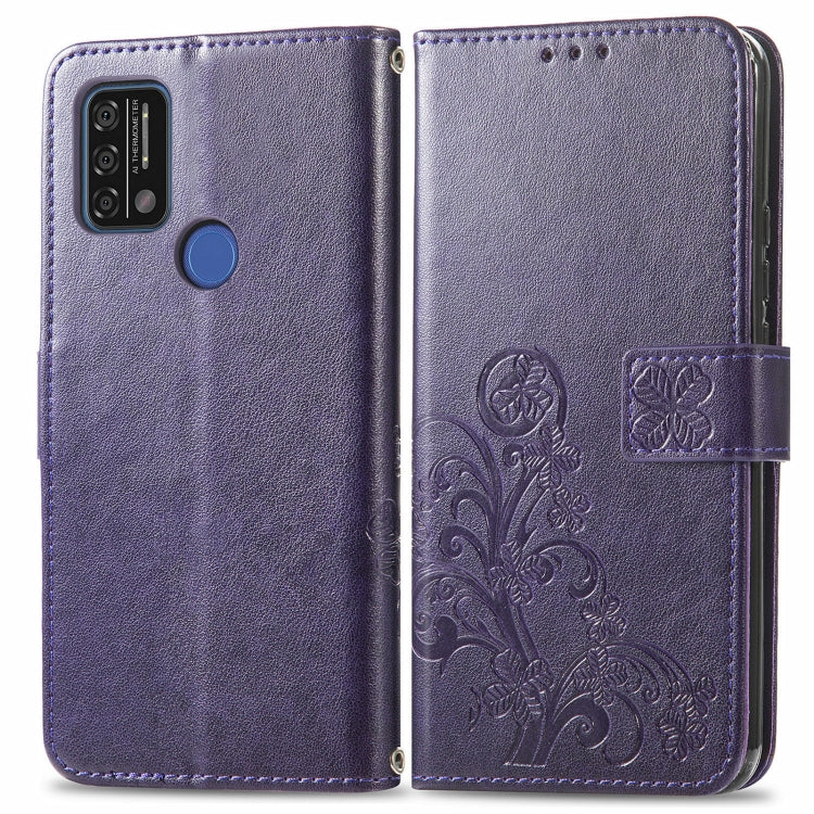 For UMIDIGI A9 Four-leaf Clasp Embossed Buckle Mobile Phone Protection Leather Case with Lanyard & Card Slot & Wallet & Bracket Function