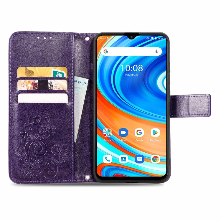 For UMIDIGI A9 Four-leaf Clasp Embossed Buckle Mobile Phone Protection Leather Case with Lanyard & Card Slot & Wallet & Bracket Function