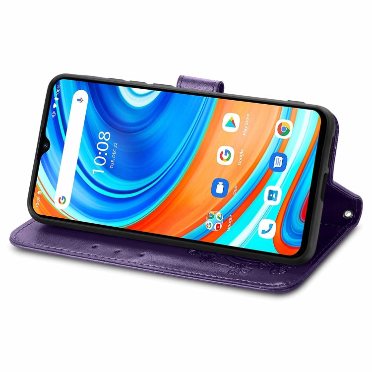 For UMIDIGI A9 Four-leaf Clasp Embossed Buckle Mobile Phone Protection Leather Case with Lanyard & Card Slot & Wallet & Bracket Function