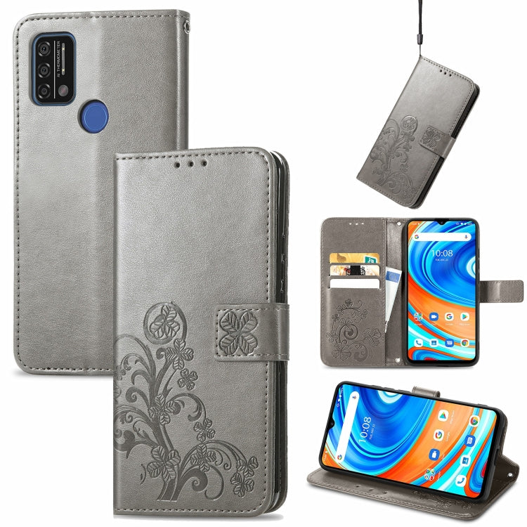 For UMIDIGI A9 Four-leaf Clasp Embossed Buckle Mobile Phone Protection Leather Case with Lanyard & Card Slot & Wallet & Bracket Function