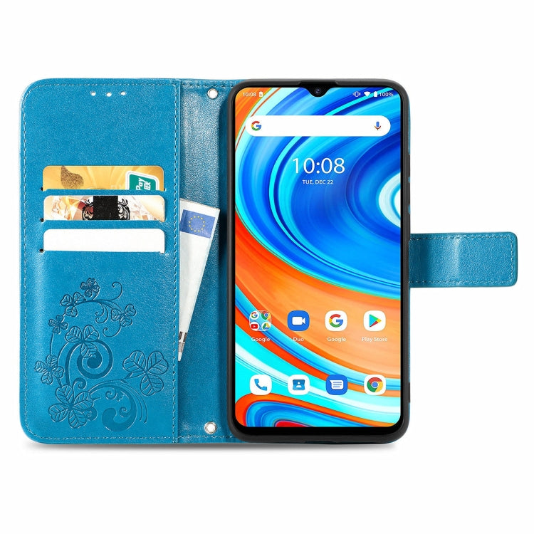 For UMIDIGI A9 Four-leaf Clasp Embossed Buckle Mobile Phone Protection Leather Case with Lanyard & Card Slot & Wallet & Bracket Function