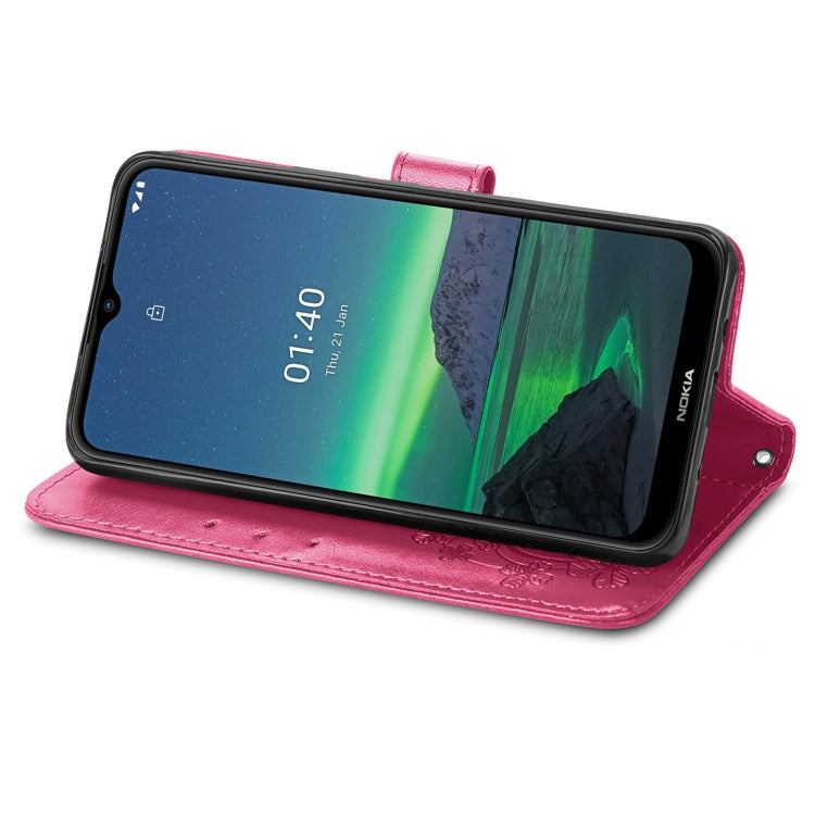 For Nokia 1.4 Four-leaf Clasp Embossed Buckle Mobile Phone Protection Leather Case with Lanyard & Card Slot & Wallet & Bracket Function