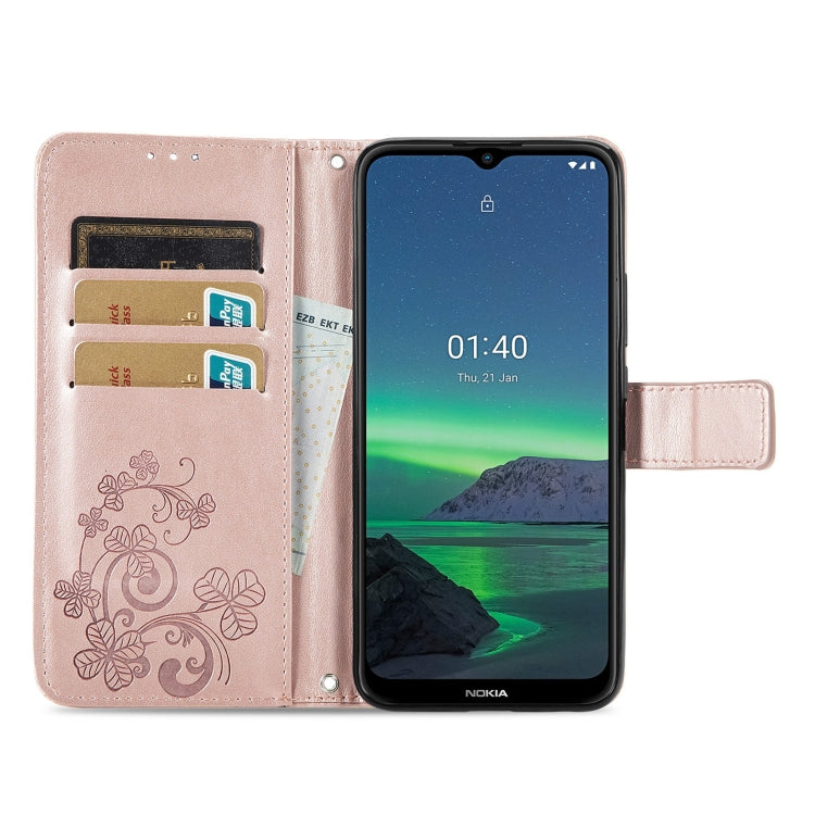 For Nokia 1.4 Four-leaf Clasp Embossed Buckle Mobile Phone Protection Leather Case with Lanyard & Card Slot & Wallet & Bracket Function