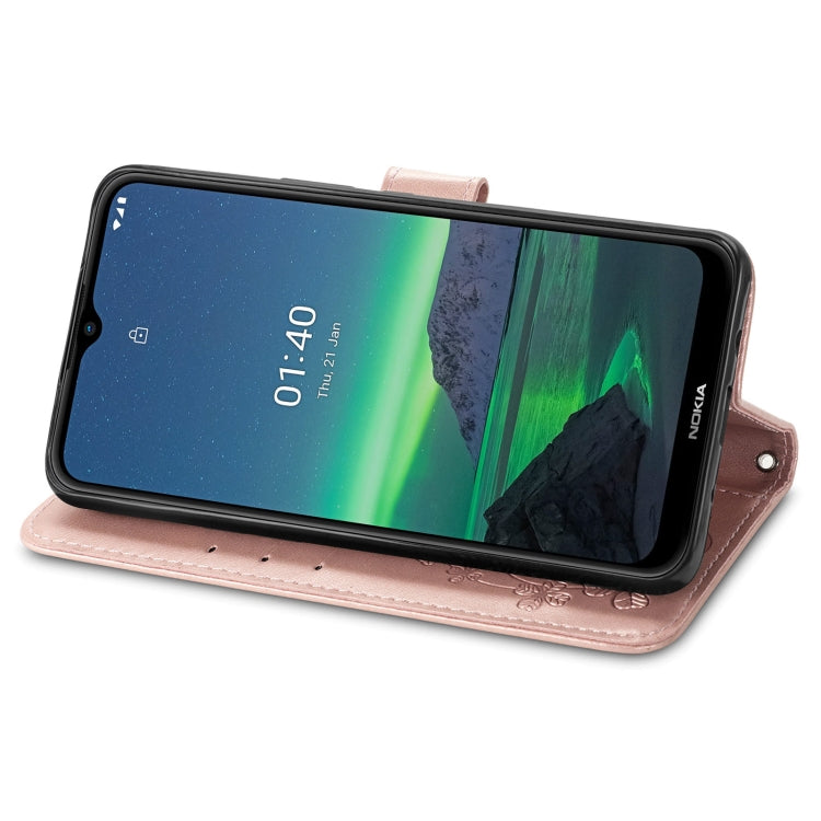 For Nokia 1.4 Four-leaf Clasp Embossed Buckle Mobile Phone Protection Leather Case with Lanyard & Card Slot & Wallet & Bracket Function