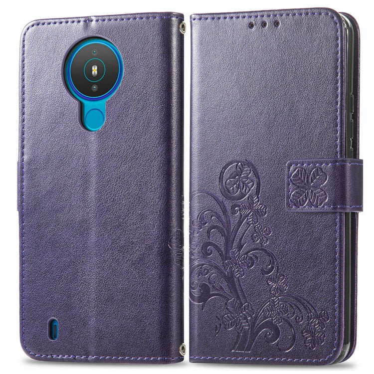 For Nokia 1.4 Four-leaf Clasp Embossed Buckle Mobile Phone Protection Leather Case with Lanyard & Card Slot & Wallet & Bracket Function