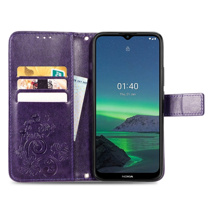 For Nokia 1.4 Four-leaf Clasp Embossed Buckle Mobile Phone Protection Leather Case with Lanyard & Card Slot & Wallet & Bracket Function