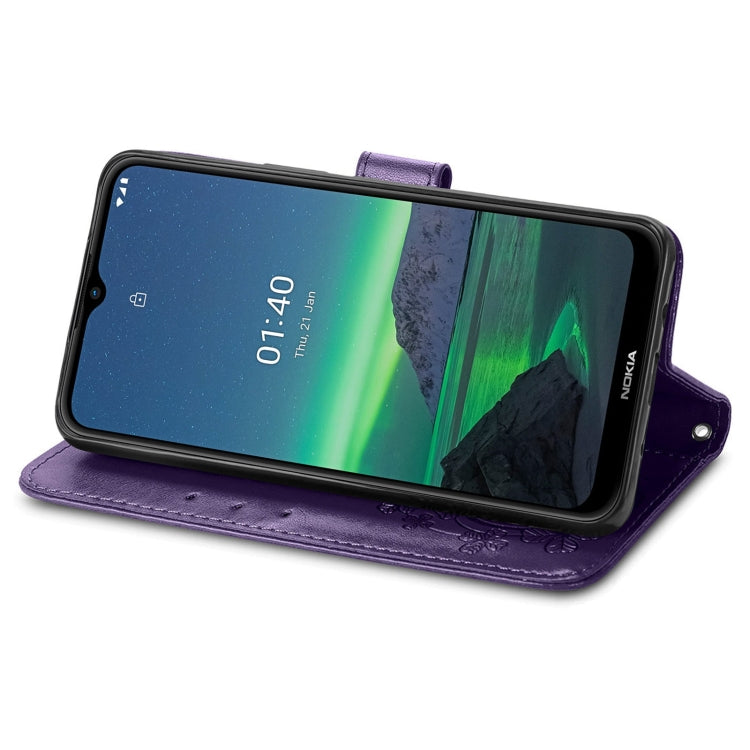 For Nokia 1.4 Four-leaf Clasp Embossed Buckle Mobile Phone Protection Leather Case with Lanyard & Card Slot & Wallet & Bracket Function