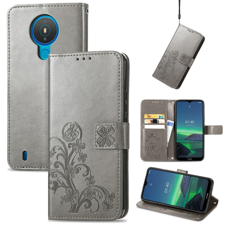 For Nokia 1.4 Four-leaf Clasp Embossed Buckle Mobile Phone Protection Leather Case with Lanyard & Card Slot & Wallet & Bracket Function