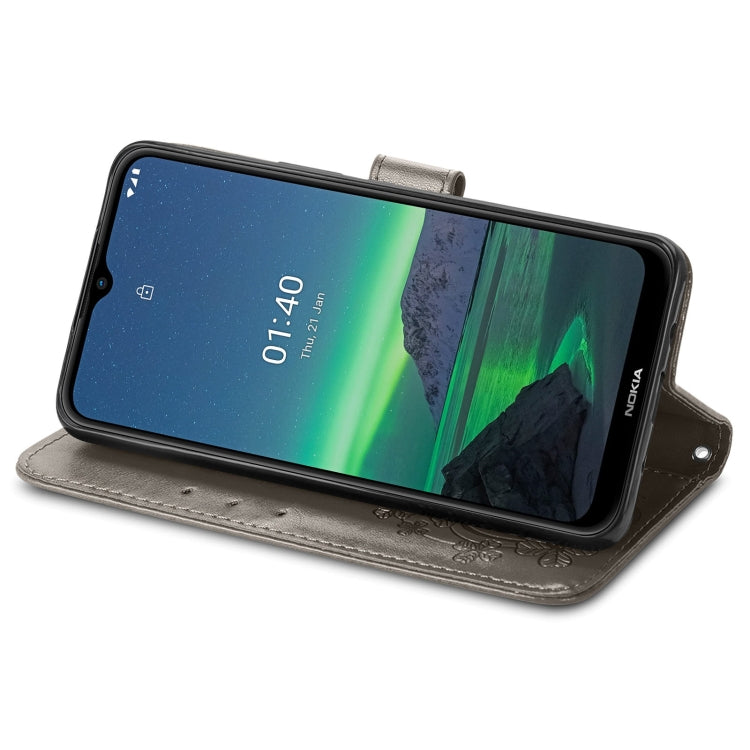 For Nokia 1.4 Four-leaf Clasp Embossed Buckle Mobile Phone Protection Leather Case with Lanyard & Card Slot & Wallet & Bracket Function